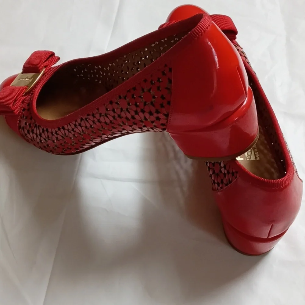 Salvatore Ferragamo Red Perforated Leather Bow Block Heel Pump